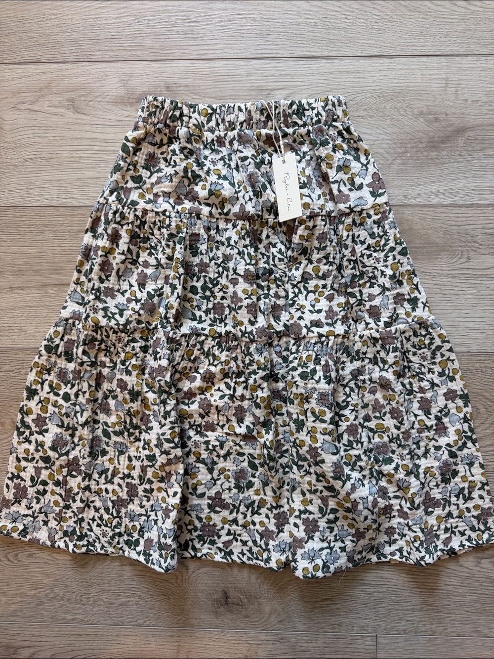 Rylee Cru Floral Tiered Cotton Skirt in Cream and Olive